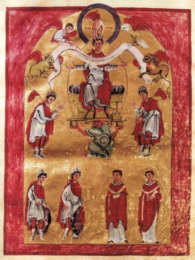Ewangeliarz Liuthara (także „Ewangeliarz cesarza Ottona III” lub „Ewangeliarz z Akwizgranu”), ok. 1000 r., miniatura dedykacyjna, skryptorium klasztoru w Reichenau, w zbiorach skarbca katedry w Akwizgranie, nr inw. 25