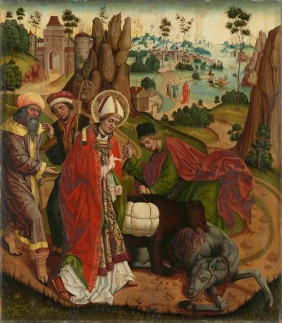 Jan Polak (lub jego warsztat), Św. Korbinian z niedźwiedziem (niem. „Der heilige Korbinian und der Bär“), 1483-1489, obraz z głównego ołtarza dawnego kościoła opactwa benedyktynów w Weihenstephan koło Fryzyngi, olej na desce, 147 x 129 cm