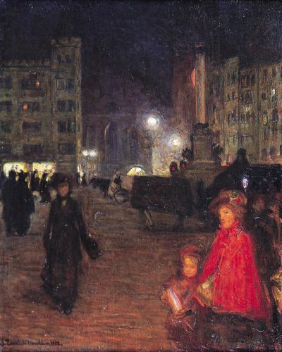 Abend am Marienplatz in München/Wieczór na Marienplatz w Monachium, München 1902. Öl auf Leinwand, 50,5 x 40,5 cm, im Auktionshandel (AgraArt, Warschau, 2006)