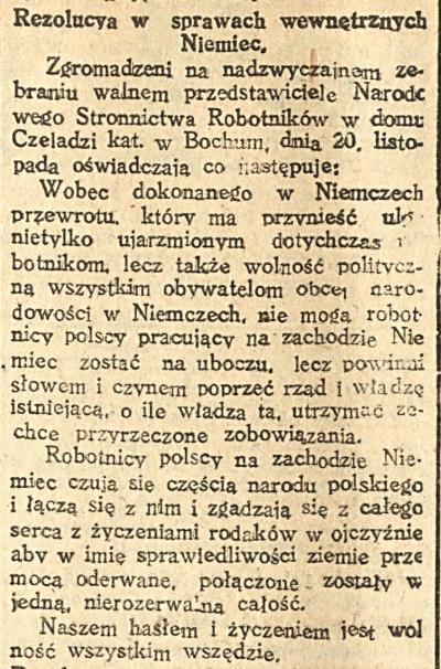 Die „Resolution zur Lage in Deutschland“, Wiarus Polski vom 22. November 1918 - Die „Resolution zur Lage in Deutschland“, verabschiedet auf der außerordentlichen Hauptversammlung der Nationalen Partei der Arbeiter (NSR), Wiarus Polski vom 22. November 1918 
