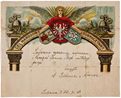 Telegram ślubny, 1913 - Telegram ślubny z aniołem trzymającym tarcze herbowe; druk wielobarwny, 1913