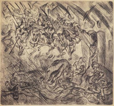 Fig. 11: Cossack pogrom, ca. 1930 - Pogrom by the Cossacks, ca. 1930. Etching, 25 x 27 cm, owned by the family