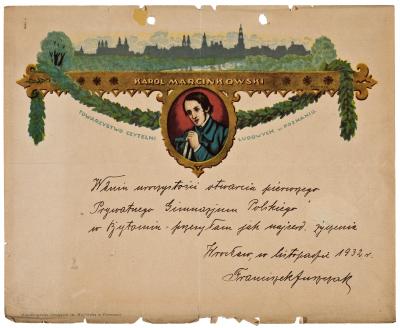 Telegram Towarzystwa Czytelni Ludowych, 1932 - Telegram Towarzystwa Czytelni Ludowych z portretem Karola Marcinkowskiego; druk wielobarwny, 1932