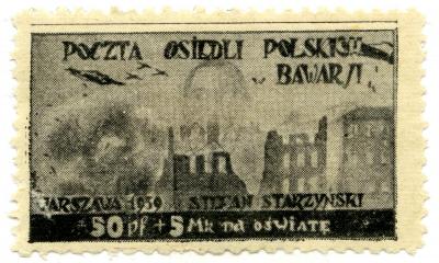 Die Post der polnischen Siedlungen in Bayern, 1945 (?) - Die Post der polnischen Siedlungen in Bayern, (Poczta osiedli polskich w Bawarii), nach Mai 1945, mit dem Motiv „Warszawa 1939 – Stefan Starzyński“. 
