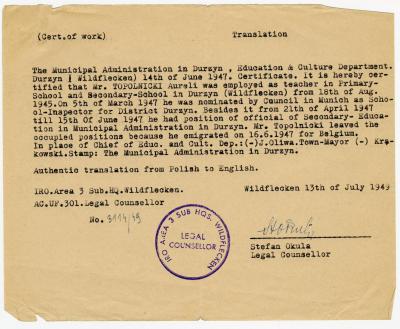Dokument Nr. 9 - Arbeitsbescheinigung für A. Topolnicki über seine Tätigkeit als Lehrer an der Grund- und Weiterführenden Schule in Durzyn (Wildflecken) seit dem 18.8.1945.  