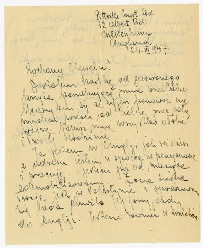 Dokument Nr. 35/1 - Handgeschriebener Brief von M. Paledog aus Cheltenham/England an A. Topolnicki. 