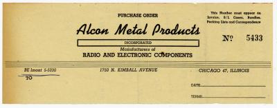 Dokument Nr. 54/1 - Bestellschein Alcon Metal Products Incorporated aus Chicago, auf der Rückseite vier Namen mit Bezeichnung/Adresse/Telefonnummer des Arbeitgebers. 