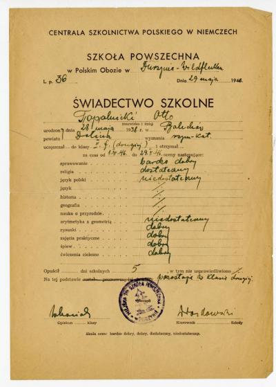 Dokument Nr. 59 - Volksschulzeugnis aus der 2. Klasse von Otto Topolnicki. Der 8-jährige Otto musste die 2. Klasse wiederholen. 