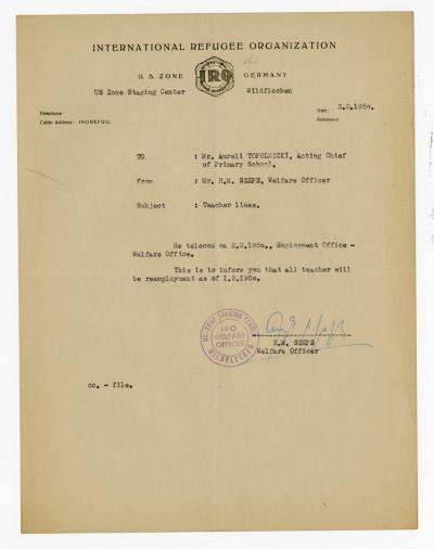 Dokument Nr. 67 - Schreiben des IRO Welfare Officers an Schulleiter A. Topolnicki über die Wiedereinstellung der Lehrer der Volksschule in Durzyn (Wildflecken) zum 1.2.1950. 