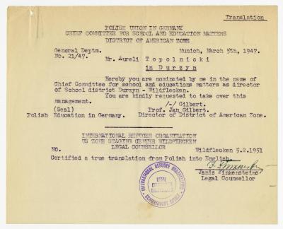 Dokument Nr. 22 - Bescheinigung über die Ernennung Topolnickis zum Schulleiter für den Kreis Durzyn-Wildflecken am 5.3.1947. 