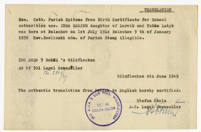 Dokument Nr. 75 - Übersetzung einer Abschrift der Geburtsurkunde von Irma Saling, Ehefrau von A. Topolnicki, ins Englische. 