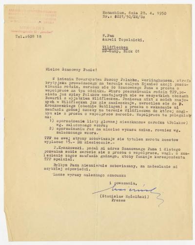 Dokument Nr. 77 - Anfrage im Namen der Hilfsvereinigung für Polen (Towarzystwo Pomocy Polakom) an Topolniki bezüglich der Feststellung der Einwohnerschaft von Durzyn- Wildflecken zwecks der Suche nach Familienangehörigen.  