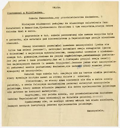 Dokument Nr. 83 - Schreiben der Lehrerschaft (Durzyn-Wildflecken) mit dem Vorwurf der Vetternwirtschaft in Richtung Aureli Topolnicki. 