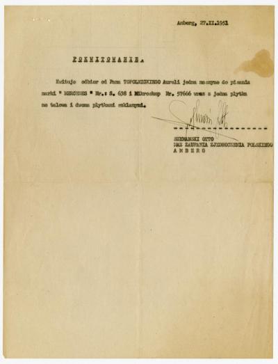 Dokument Nr. 93 - Empfangsbescheinigung über eine Schreibmaschine und ein Mikroskop, ausgestellt von Otto Szymański an A. Topolnicki. 