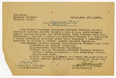 Dokument Nr. 94 - Informationsschreiben/Einladung an A. Topolnicki über die Außerordentliche Delegiertenversammlung des Verbandes Polnischer Lager Groß-Hessens in Durzyn-Wildflecken am 17.6.1947. 