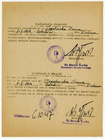 Dokument Nr. 96 - Sittlichkeitsbescheinigung, ausgestellt von Pfarrer Marian Świtka aus Durzyn-Wildflecken für Irma Topolnicka am 6.10.1947.  