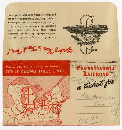Dokument Nr. 118/1 - Ticket-Umschlag der Pennsylvania Railroad mit Einträgen zur Strecke. 