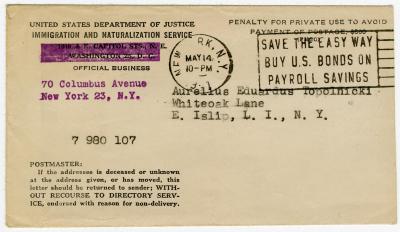 Dokument Nr. 124/1 - Briefumschlag an A. Topolnickis amerikanische Adresse. 
