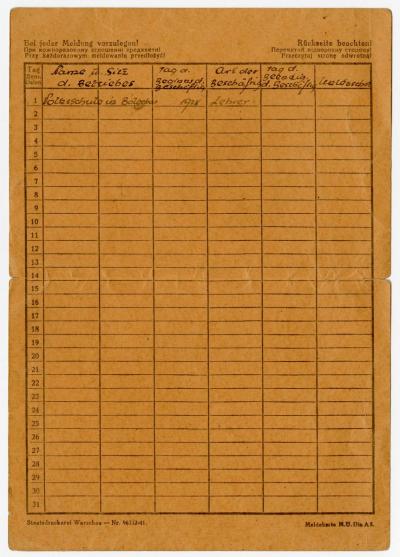 Dokument Nr. 125/2 - Arbeitsamt-Meldekarte von A. Topolnicki mit Berufsbezeichnung (Volksschullehrer) und Beschäftigungsort und –zeit: Volksschule in Bolechów seit 1938.  