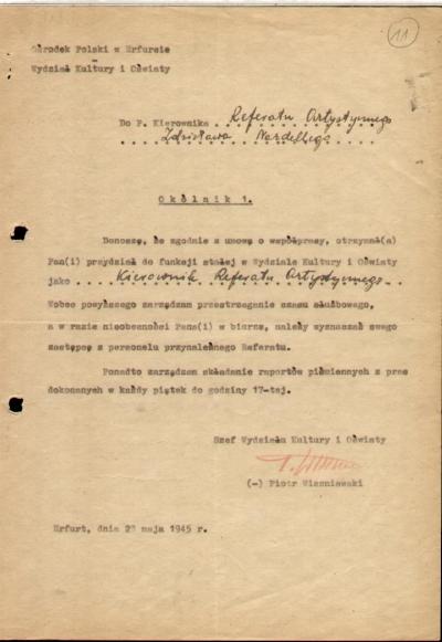 Rundschreiben des Polnischen Zentrums in Erfurt - Rundschreiben des Polnischen Zentrums in Erfurt über die Beschäftigung von Zdzisław Nardelli als Leiter des Referats Kunst im Mai 1945.
