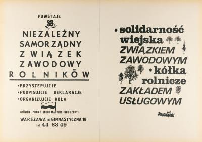 Odezwa i plakat - Odezwa nawołująca do przystąpienia do Niezależnego Samorządnego Związku Zawodowego Rolników w Warszawie (z lewej) oraz Plakat „Solidarności Wiejskiej“, ok. 1980 r. 