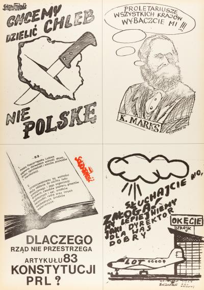 4 małoformatowe plakaty „Solidarności“ - 4 małoformatowe plakaty „Solidarności“ (u góry z prawej: D. Gomper, Proletariusze wszystkich krajów wybaczcie mi, Karol Marx), 1981. 