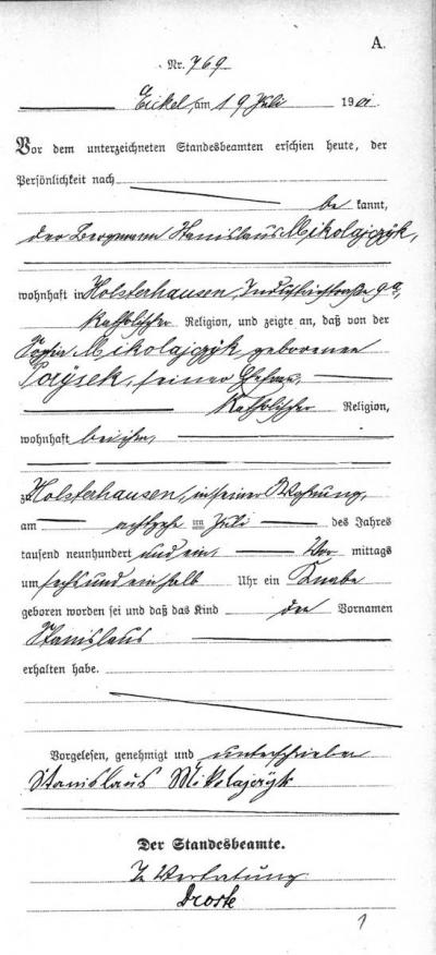 Geburtsurkunde  - Geburtsurkunde von Stanisław Mikołajczyk 