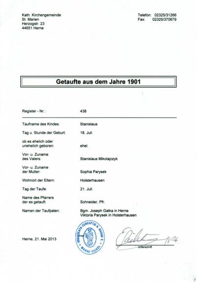 Certificate of baptism - Certificate of baptism of Stanisław Mikołajczyk 