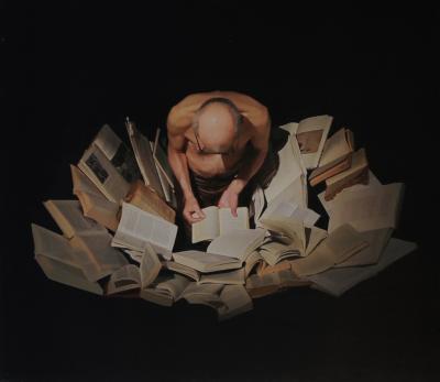 Dominik Lejman, Portret filozofa (Warren Niesluchowski), 2012 - Dominik Lejman, Portret filozofa (Warren Niesluchowski), 2012, akryl na płótnie, wideo projekcja, 130 x 150 cm 