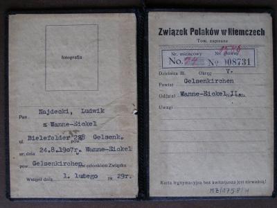 Karta legitymacyjna Związku Polaków w Niemczech Ludwika Najdeckiego - Karta legitymacyjna Związku Polaków w Niemczech Ludwika Najdeckiego z 1929 roku, powiat Gelsenkirchen, oddział Wanne-Eickel II, z pieczęcią