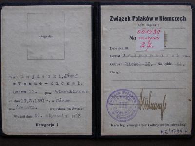 Mitgliedskarte des Bundes der Polen in Deutschland von Josef Najdecki - Mitgliedskarte des Bundes der Polen in Deutschland von Josef Najdecki aus dem Jahr 1923, Kreis Gelsenkirchen, Abteilung Wanne-Eickel II, mit Stempel