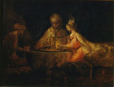 Rembrandt van Rijn, Ahasveror, Haman beim Gastmahl der Esther, 1660 - Puschkin-Museum Moskau (aus der ehemaligen Sammlung Gotzkowsky) 