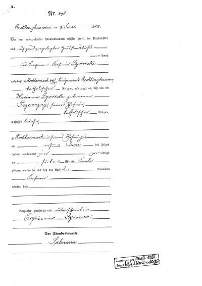 Abb. 2: Geburtsurkunde, 1904 - Geburtsurkunde von Kasimir Zgorecki, Urkunde, 1904 