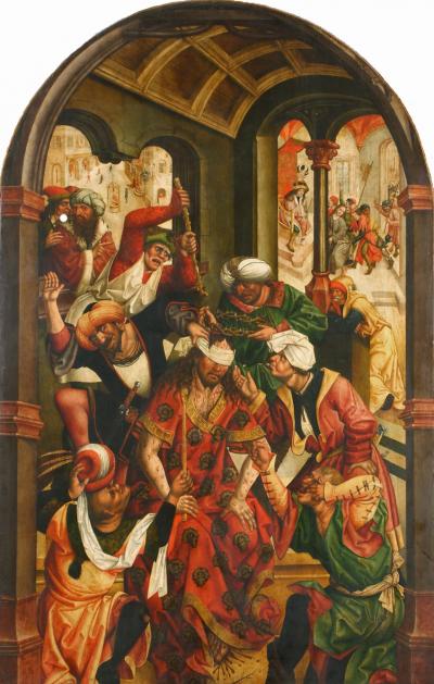 Zdj. nr 21: Nakładanie korony cierniowej, 1492 r. - Nakładanie korony cierniowej na głowę Chrystusa, tablica ołtarza głównego dawnego kościoła franciszkanów p.w. św. Antoniego w Monachium (zburzony w latach 1802-1803), 1492 r.