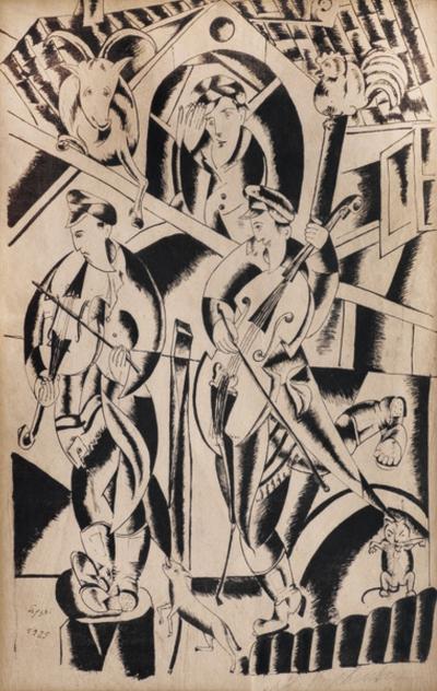 Fig. 3: Musicians and their disciples, 1925 - Musicians and their disciples, 1925. Ink on paper, 50 x 32 cm, owned by the family