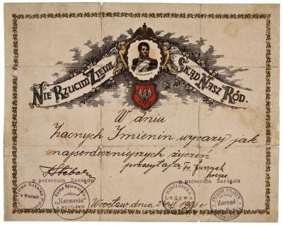 Name day celebration telegram, 1928 - Name day celebration telegram bearing a portrait of Count Józef Poniatowski, colour print, 1928.