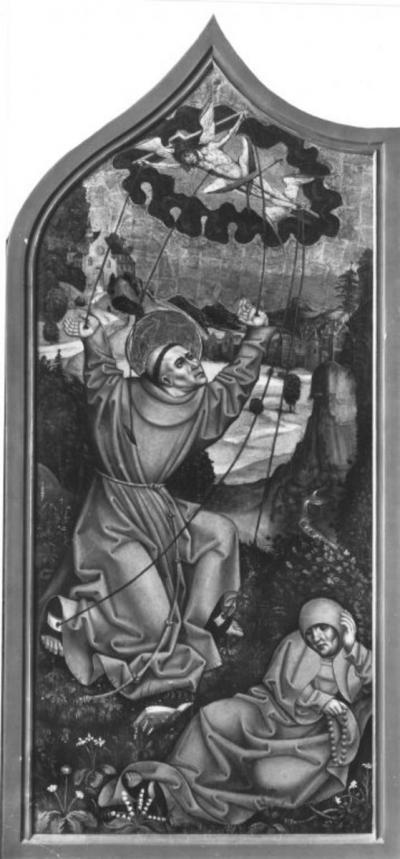 Zdj. nr 30: Stygmatyzacja św. Franciszka, ok. 1500 r. - Stygmatyzacja św. Franciszka (na odwrocie Św. Jan na Patmos oraz Ukrzyżowanie św. Piotra), ok. 1500 r.
