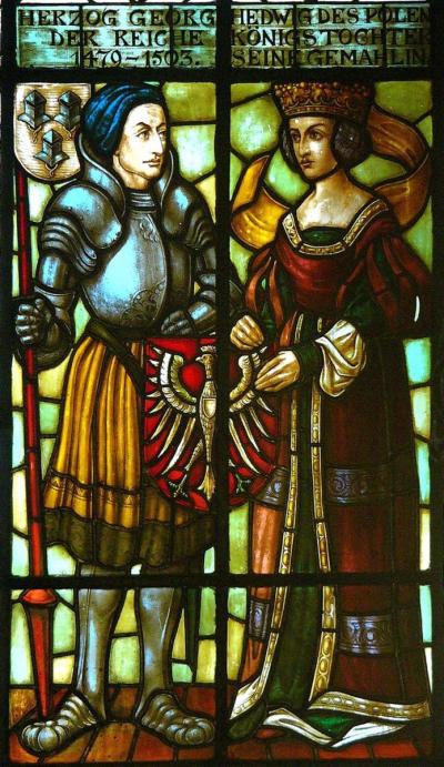 A stained glass painting in the Landshut town hall. - A stained glass painting in the Landshut town hall. The window is in the main staircase. The picture shows Georg the Rich and Hedwig of Poland.