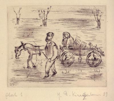 Fig. 40: Family on the move, 1939 - Family with wagon on the move, 1939. From the series: Exodus, etching, 10 x 12 cm, owned by the family