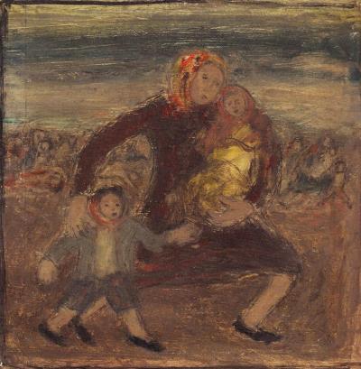 Abb. 44: Auf der Flucht, 1945 - Eine Mutter mit ihren beiden Kindern auf der Flucht, 1945. Öl auf Malpappe, 37 x 37 cm, im Besitz der Familie