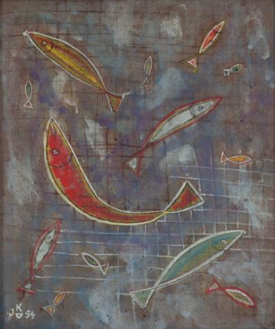Abb. 58: Fische, 1954 - Fische auf flachem Hintergrund, 1954. Öl auf Leinwand, 35 x 28 cm, im Besitz der Familie