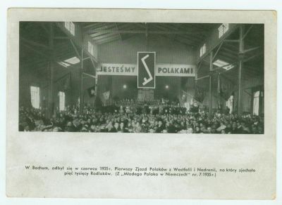 Postkarte vom Kongress der Polen in Westfalen und Rheinland in Bochum 1935, Rückseite - Postkarte vom Kongress der Polen in Westfalen und Rheinland in Bochum 1935 mit Inschrift auf der Rückseite.