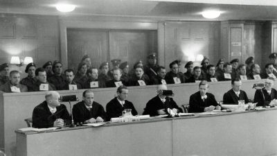 Fig. 8: The defendants - The defendants in the main Neuengamme trial in the Curiohaus in Hamburg, 1946