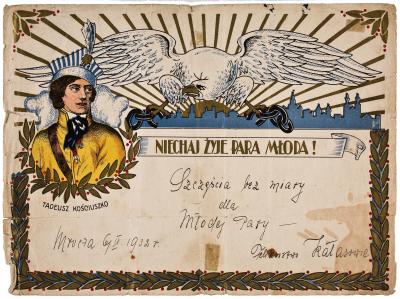 Wedding telegram, 1932 - Wedding telegram bearing a portrait of Tadeusz Kościuszko and an eagle, colour print, 1932.