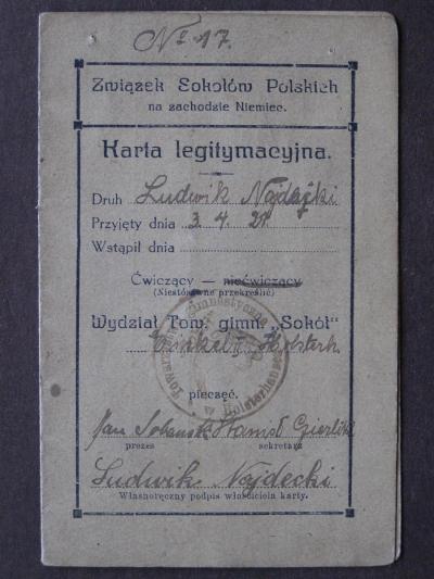 Membership card of Sokół by Ludwik Najdecki - Membership card of the gymnastics organisation Sokół (Falcon) by Ludwik Najdecki from Herne, department Eickel II and Holsterhausen, taken on 3.4.1921 with stamp
