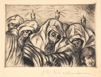 Zdj. nr 9: Modlitwa Jom Kipur, ok. 1925 r. - Modlitwa Jom Kipur (Gebet zum Jom Kippur), ok. 1925 r., akwaforta, 10 x 14 cm, własność rodziny.