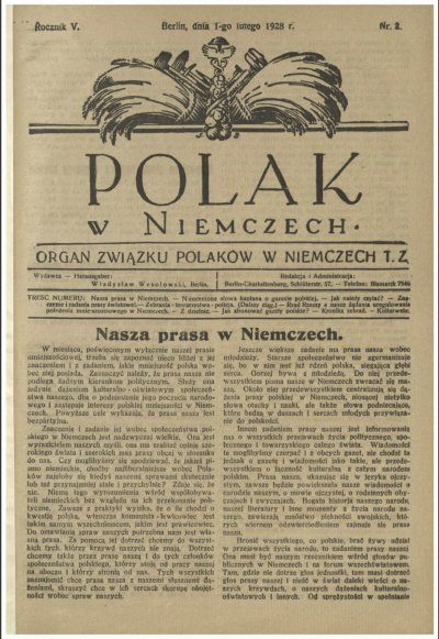 Bild 8: Titelblatt der Februarausgabe, 1928 - Titelblatt der Februarausgabe des „Polak w Niemczech“ aus dem Jahr 1928. 