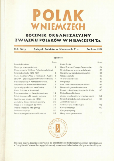 Bild 22: Inhaltsverzeichnis der Jubiläumsausgabe, 1972 - Inhaltsverzeichnis der Jubiläumsausgabe von „Polak w Niemczech“ aus dem Jahr 1972. 