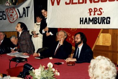 Hamburg, 1987 r. - Od lewej: Lidia Ciołkosz, minister Rządu RP Zbigniew Scholtz, Jacek Kowalski 