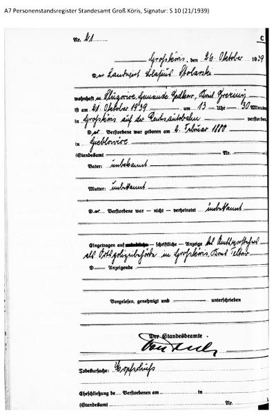 Akt zgonu Błażeja Stolarskiego, wystawiony w Groß Köris - Akt zgonu Błażeja Stolarskiego, wystawiony w Groß Köris na nazwisko Blasius Stolarski, Kreisarchiv Luckau, sygnatura: S 10 (21/1939). 
